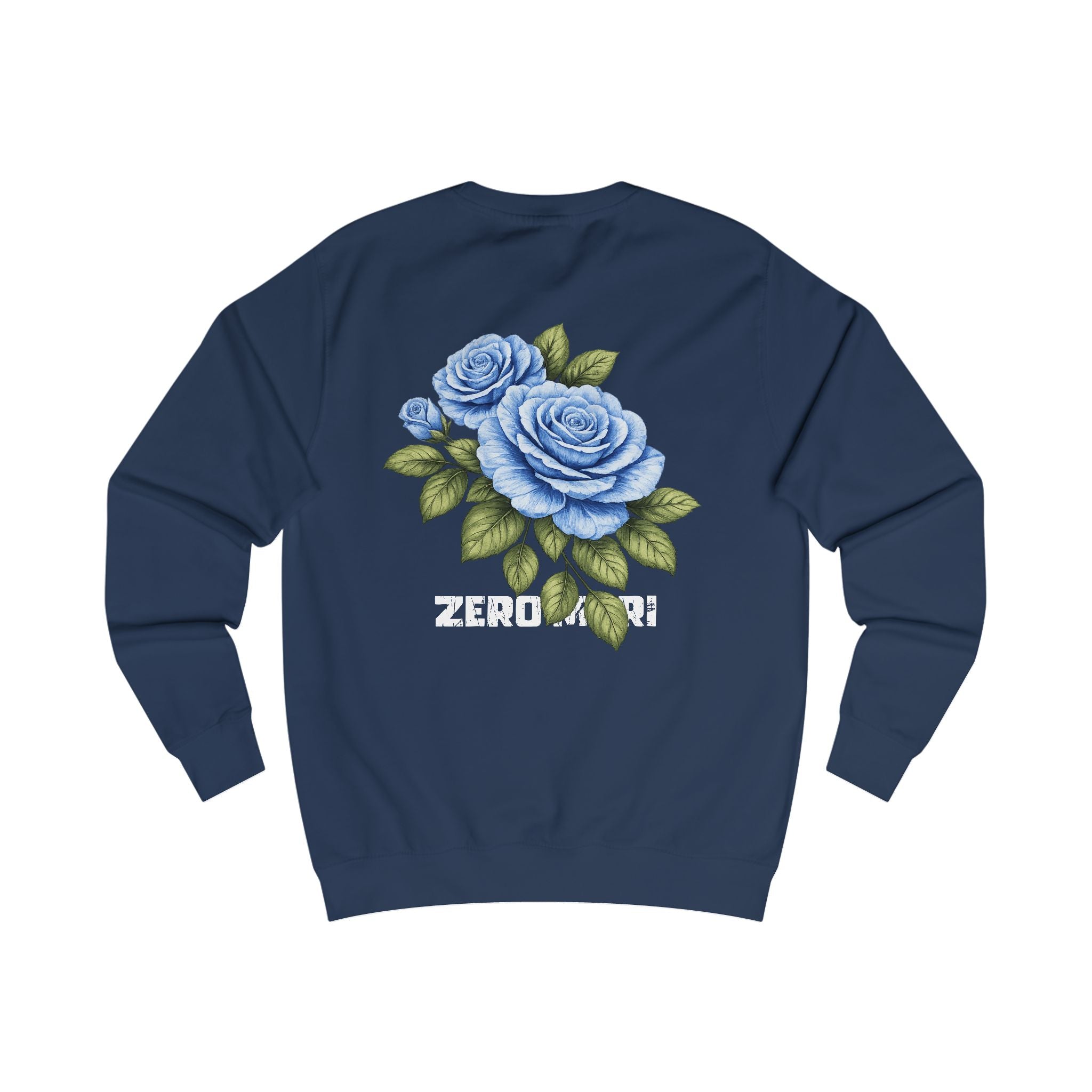 Blue Rose Sweatshirt — Floral Graphic Crewneck with 'ZEROMORI' Back Print