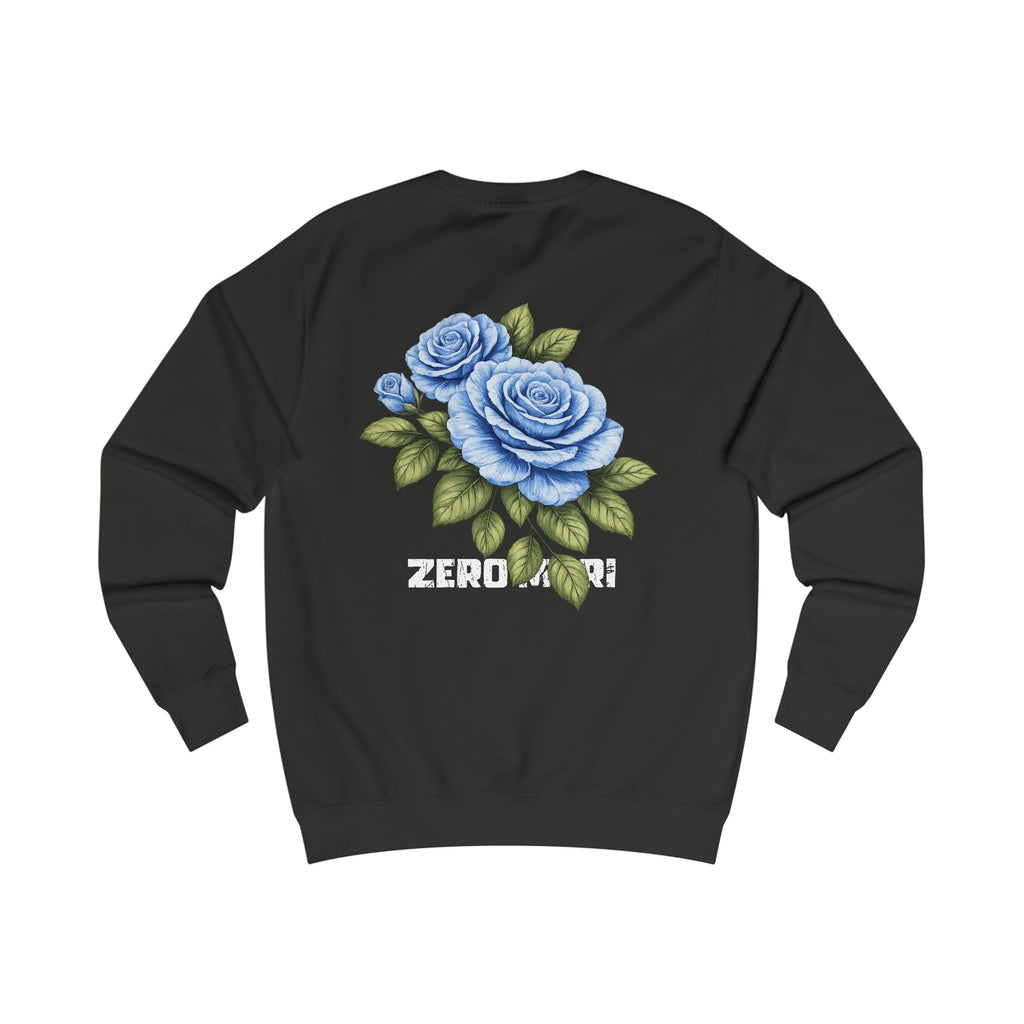 Blue Rose Sweatshirt — Floral Graphic Crewneck with 'ZEROMORI' Back Print