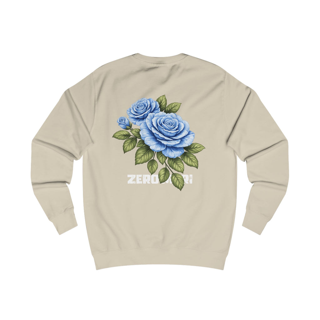 Blue Rose Sweatshirt — Floral Graphic Crewneck with 'ZEROMORI' Back Print
