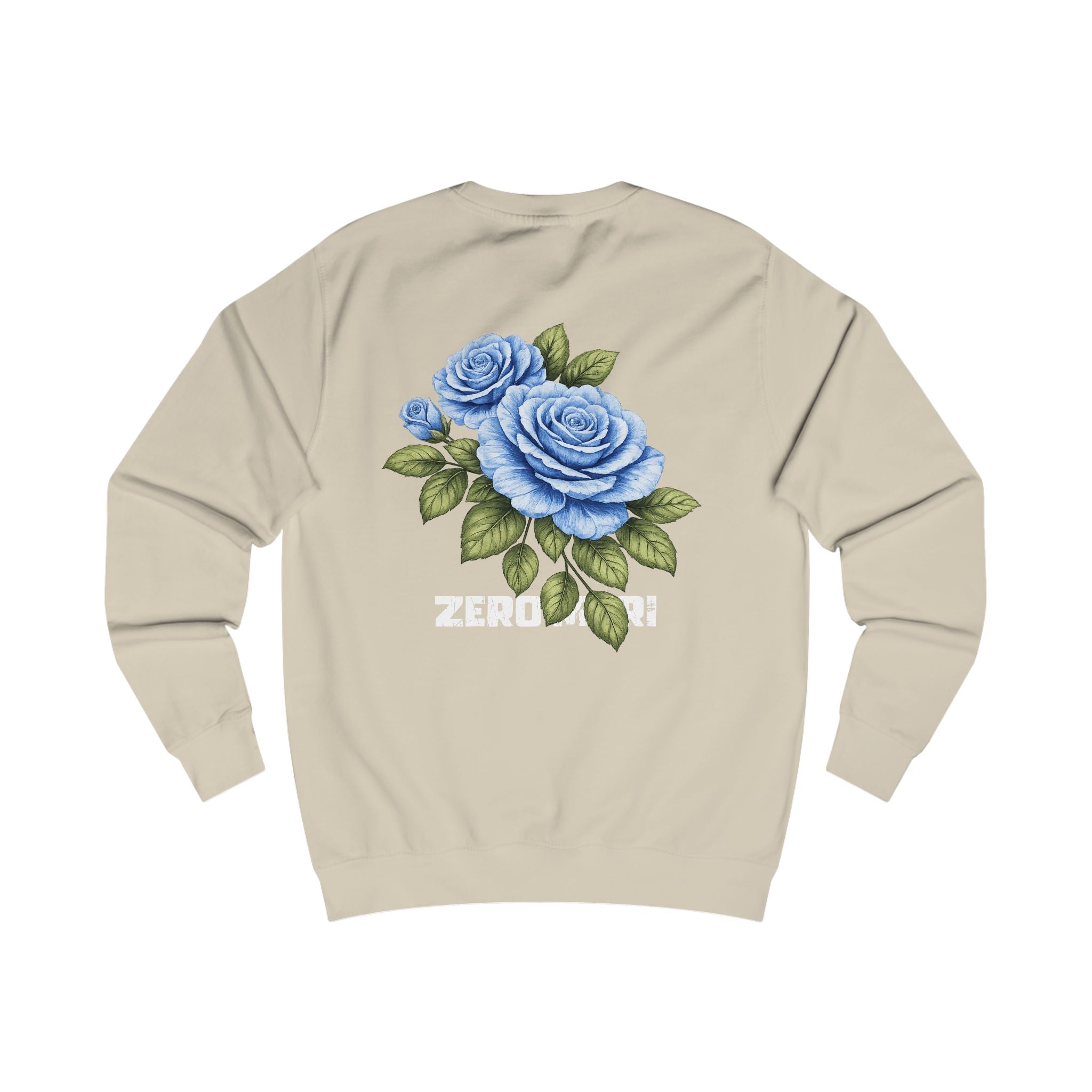 Blue Rose Sweatshirt — Floral Graphic Crewneck with 'ZEROMORI' Back Print